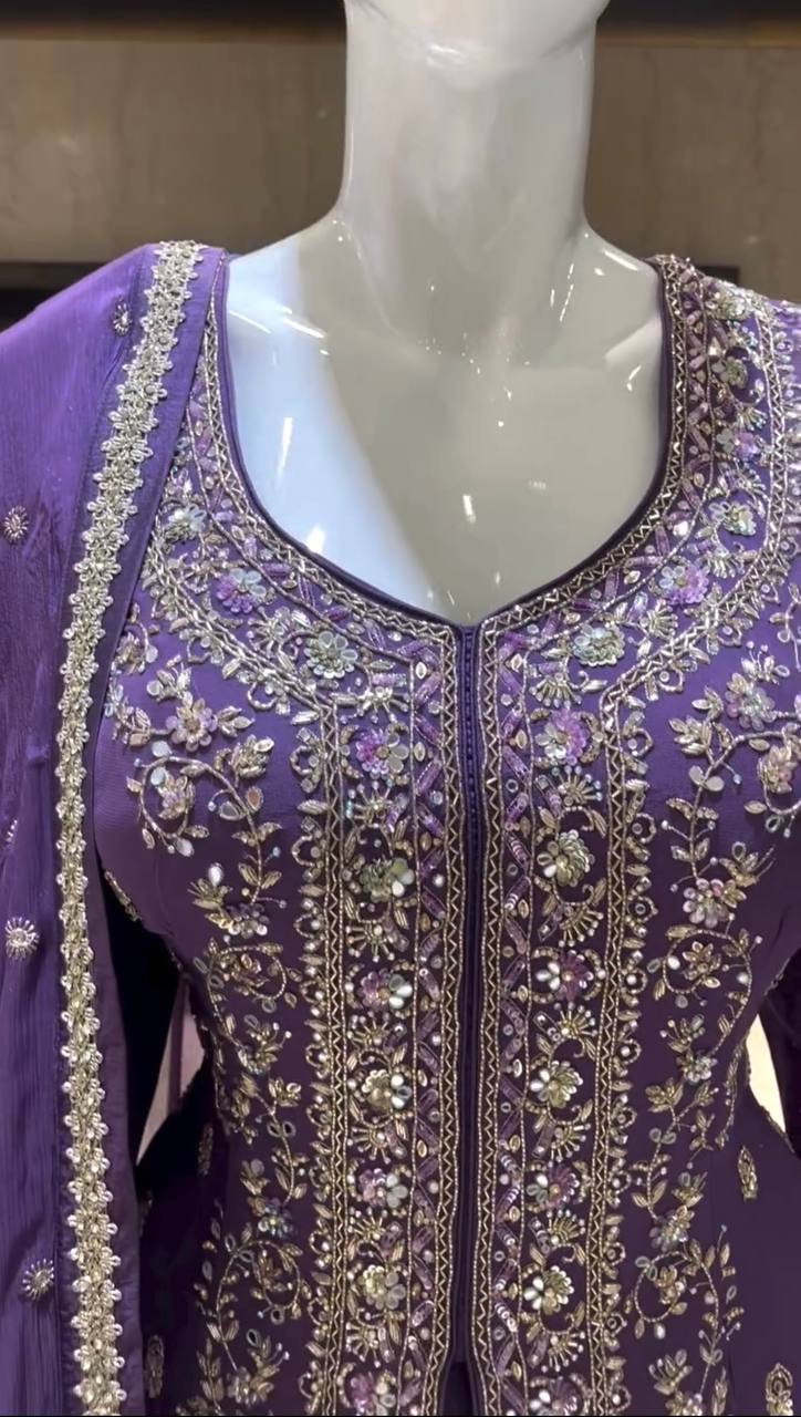 Purple Elegant Embroidered Chinon Silk Sharara Suit Set