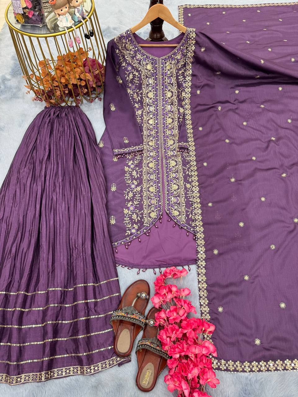 Purple Elegant Embroidered Chinon Silk Sharara Suit Set