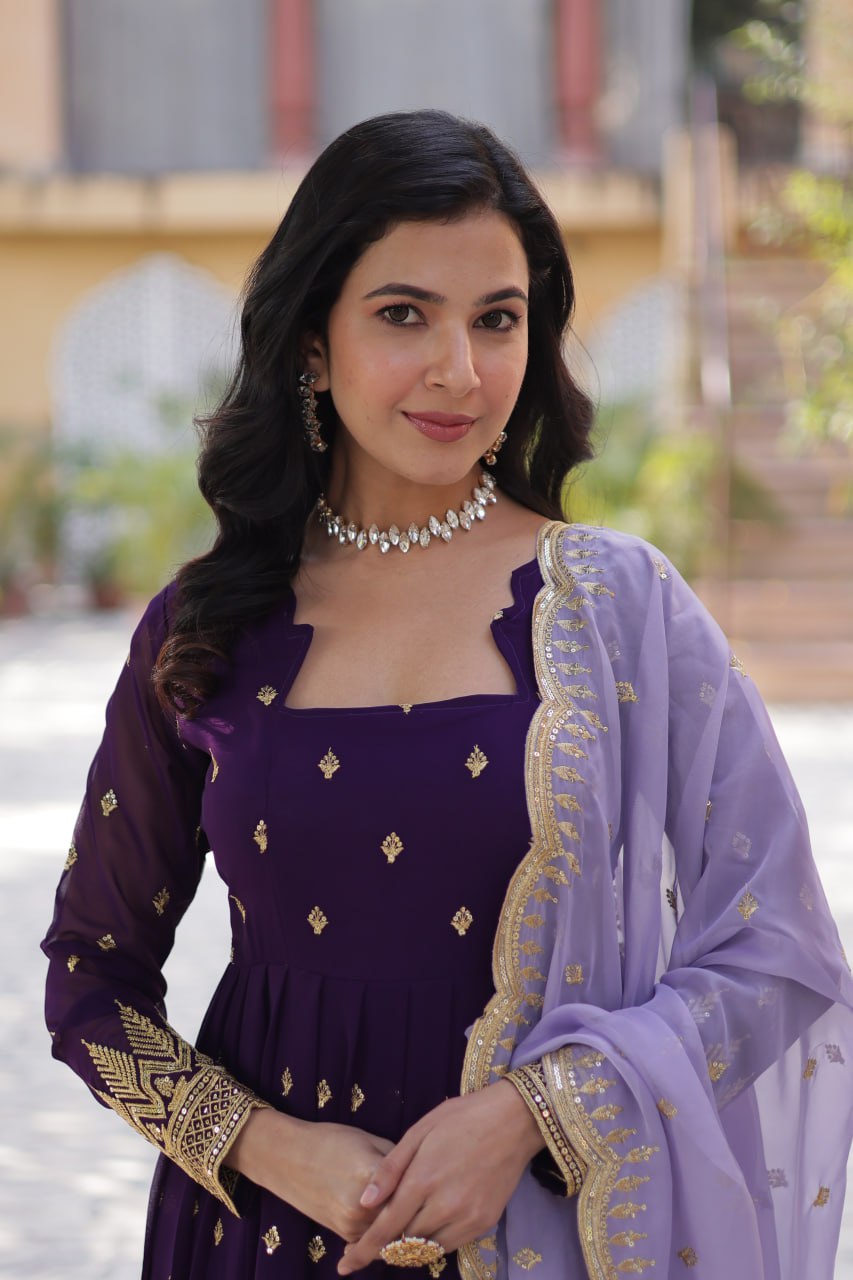 Purple Elegant Embroidered Faux Blooming Gown with Cutwork Dupatta Full-Length Flair Party Wear