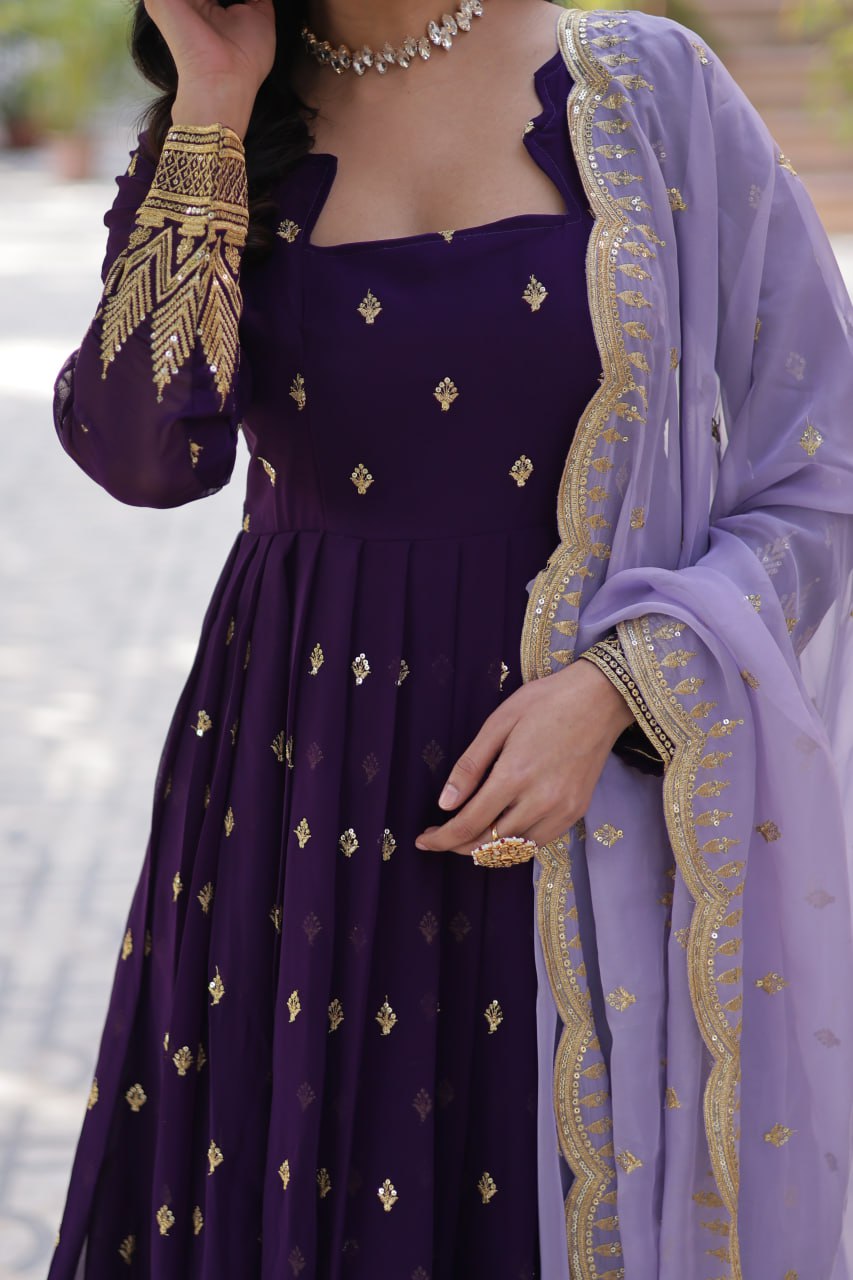 Purple Elegant Embroidered Faux Blooming Gown with Cutwork Dupatta Full-Length Flair Party Wear