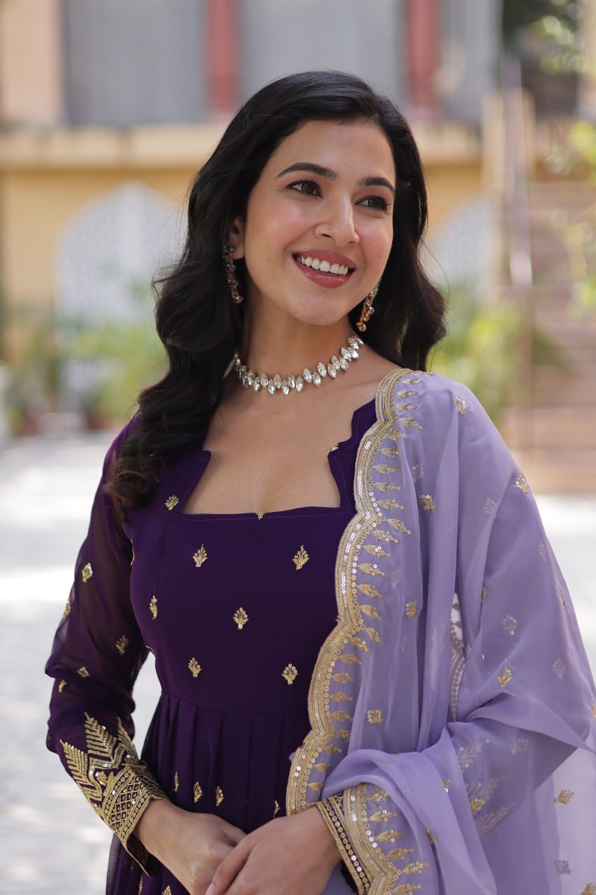 Purple Elegant Embroidered Faux Blooming Gown with Cutwork Dupatta Full-Length Flair Party Wear