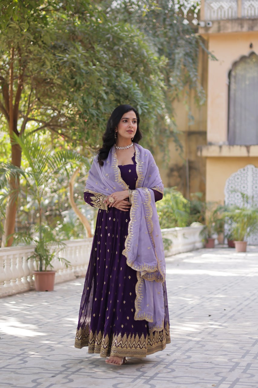 Purple Elegant Embroidered Faux Blooming Gown with Cutwork Dupatta Full-Length Flair Party Wear