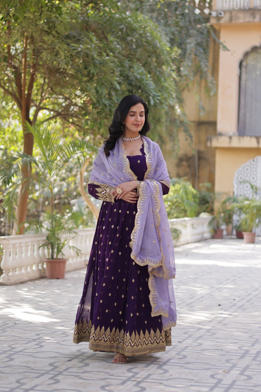 Purple Elegant Embroidered Faux Blooming Gown with Cutwork Dupatta Full-Length Flair Party Wear