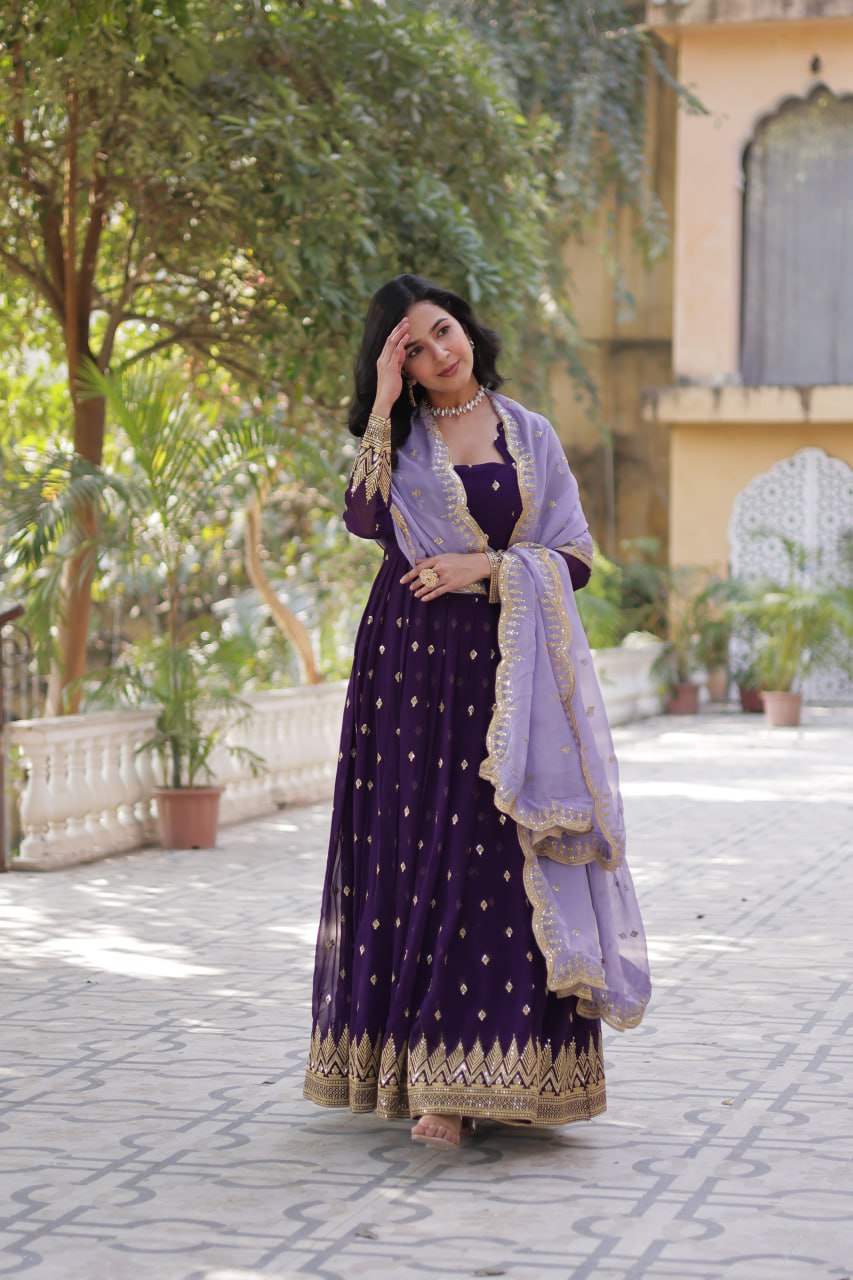 Purple Elegant Embroidered Faux Blooming Gown with Cutwork Dupatta Full-Length Flair Party Wear