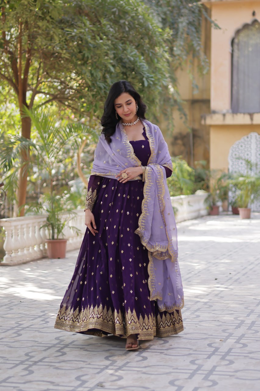 Purple Elegant Embroidered Faux Blooming Gown with Cutwork Dupatta Full-Length Flair Party Wear