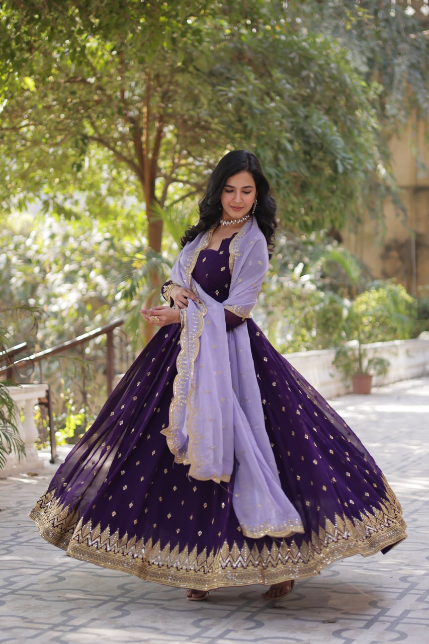 Purple Elegant Embroidered Faux Blooming Gown with Cutwork Dupatta Full-Length Flair Party Wear
