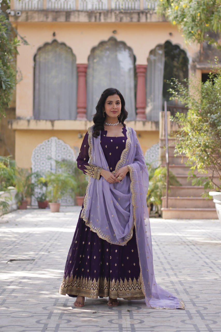 Purple Elegant Embroidered Faux Blooming Gown with Cutwork Dupatta Full-Length Flair Party Wear