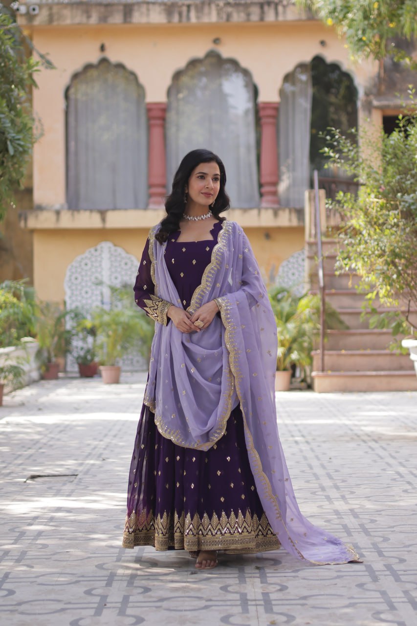 Purple Elegant Embroidered Faux Blooming Gown with Cutwork Dupatta Full-Length Flair Party Wear