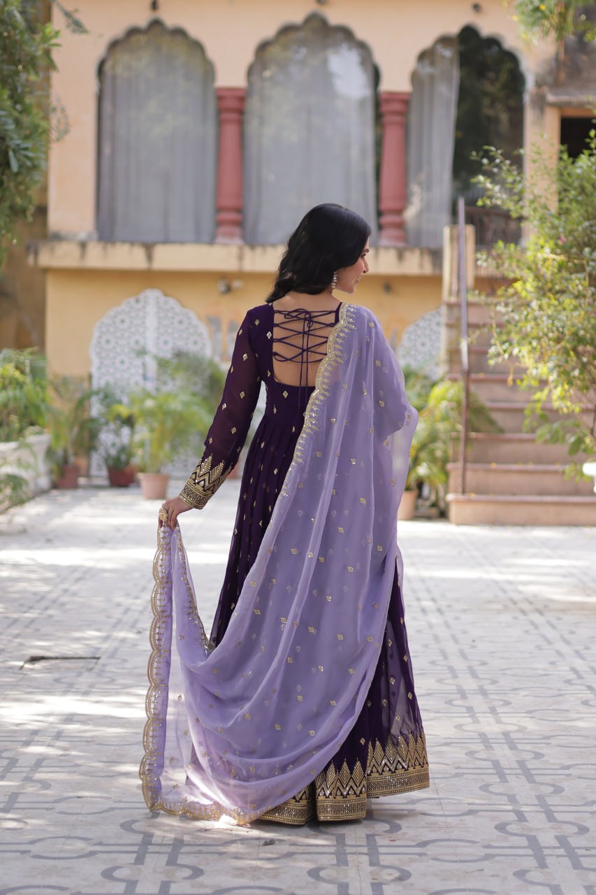 Purple Elegant Embroidered Faux Blooming Gown with Cutwork Dupatta Full-Length Flair Party Wear