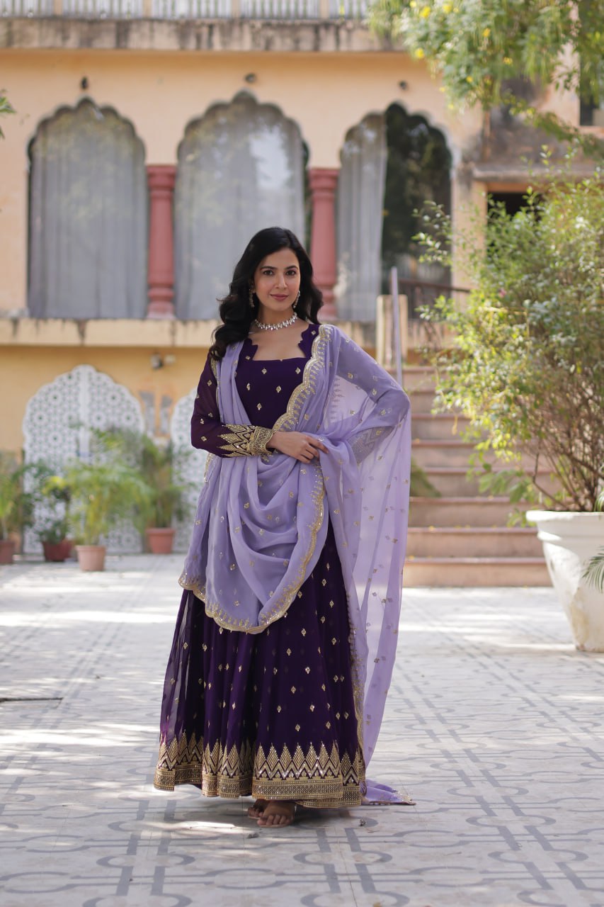 Purple Elegant Embroidered Faux Blooming Gown with Cutwork Dupatta Full-Length Flair Party Wear