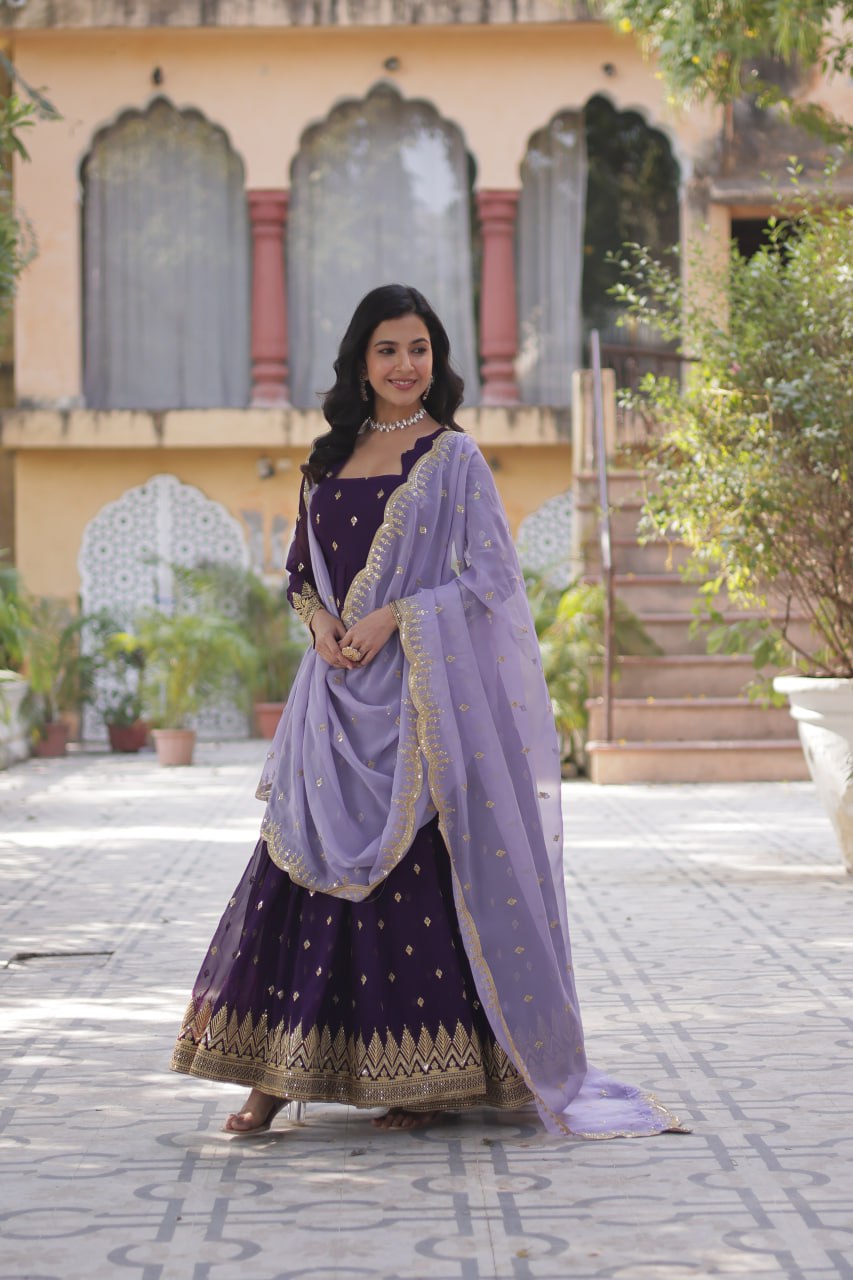 Purple Elegant Embroidered Faux Blooming Gown with Cutwork Dupatta Full-Length Flair Party Wear