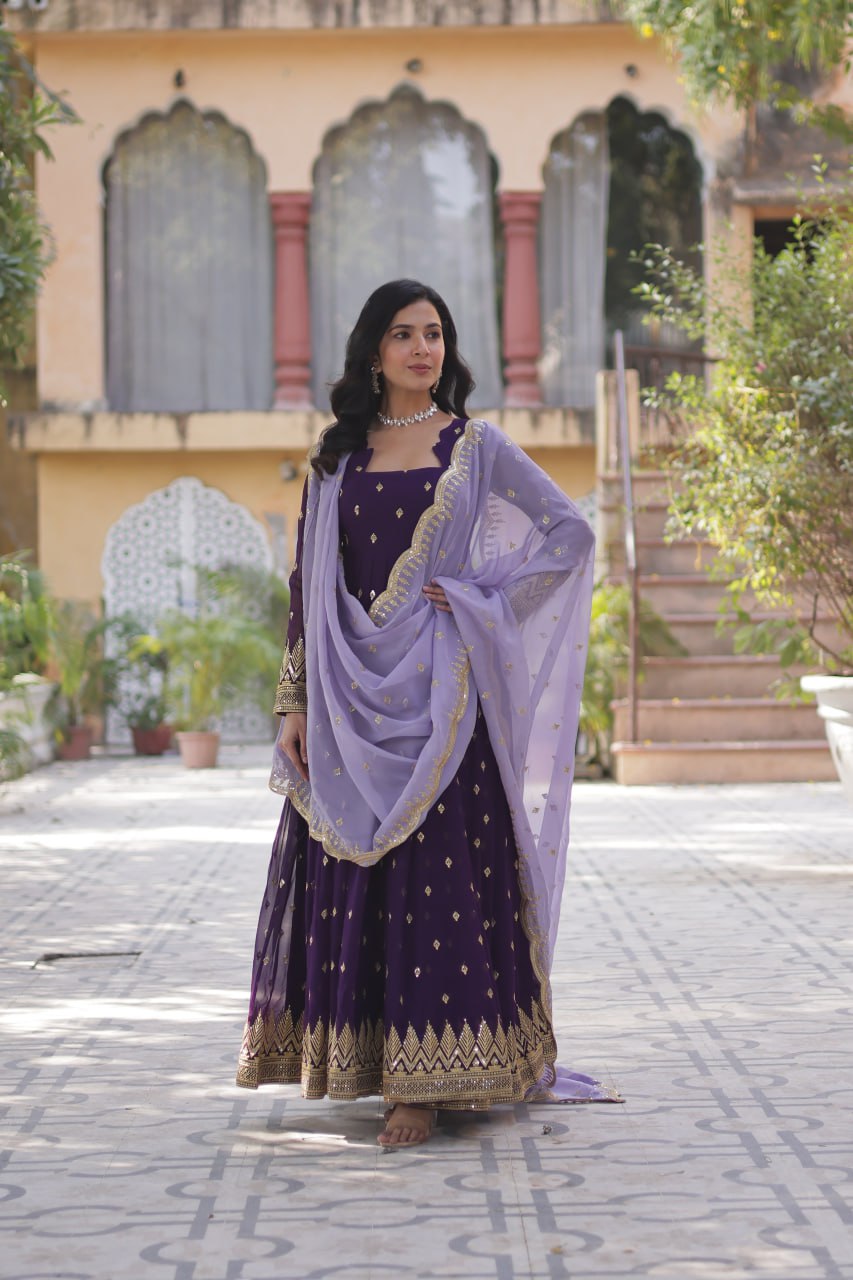 Purple Elegant Embroidered Faux Blooming Gown with Cutwork Dupatta Full-Length Flair Party Wear