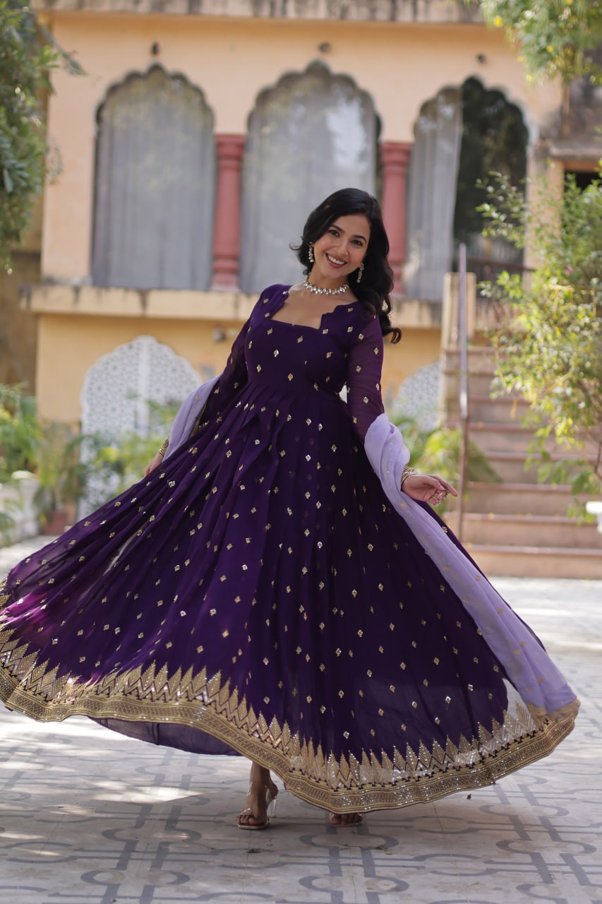 Purple Elegant Embroidered Faux Blooming Gown with Cutwork Dupatta Full-Length Flair Party Wear
