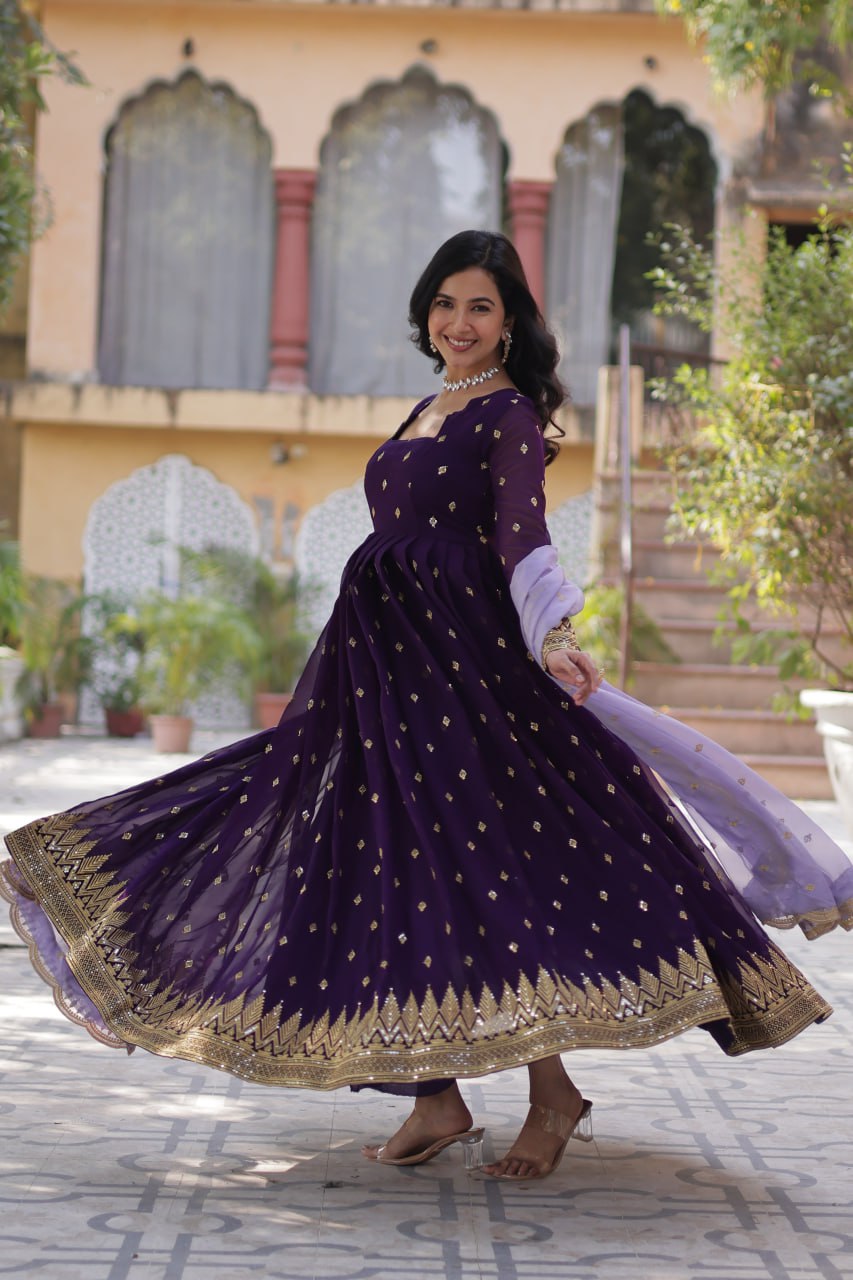 Purple Elegant Embroidered Faux Blooming Gown with Cutwork Dupatta Full-Length Flair Party Wear