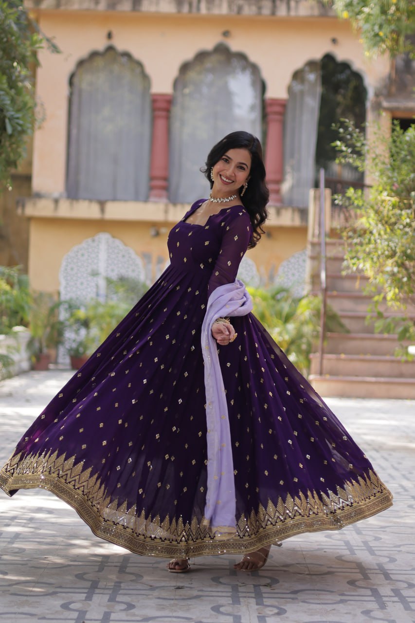 Purple Elegant Embroidered Faux Blooming Gown with Cutwork Dupatta Full-Length Flair Party Wear