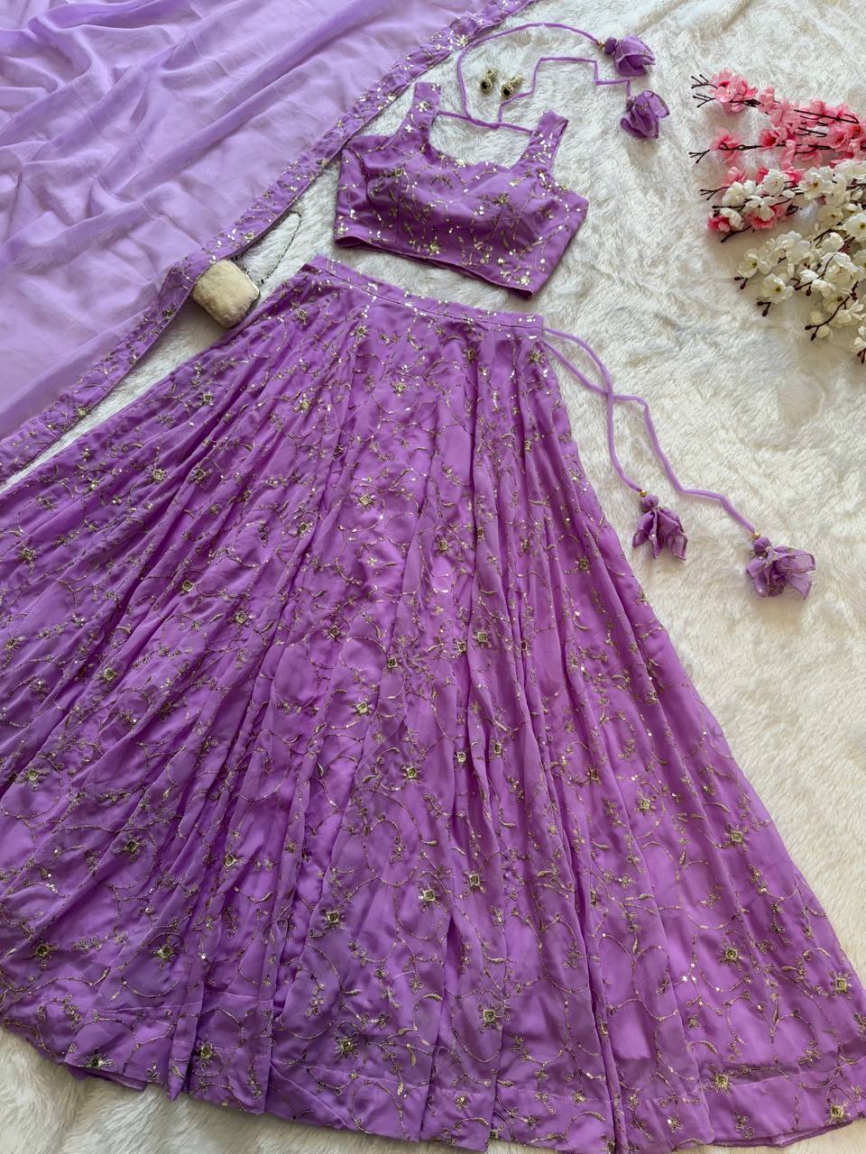 Purple Elegant Embroidered Georgette Lehenga Set with Padded Blouse & Work Border Dupatta