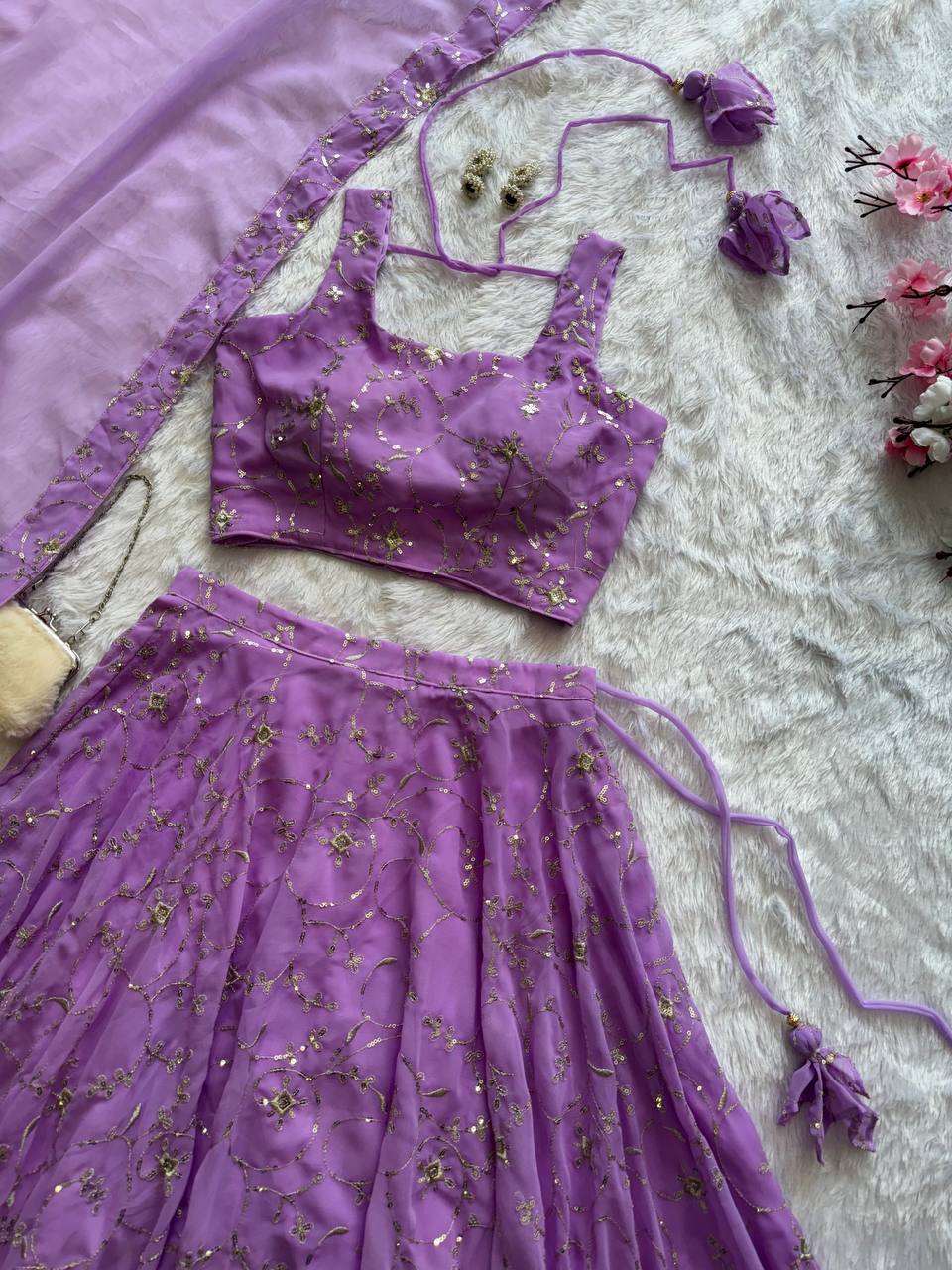 Purple Elegant Embroidered Georgette Lehenga Set with Padded Blouse & Work Border Dupatta