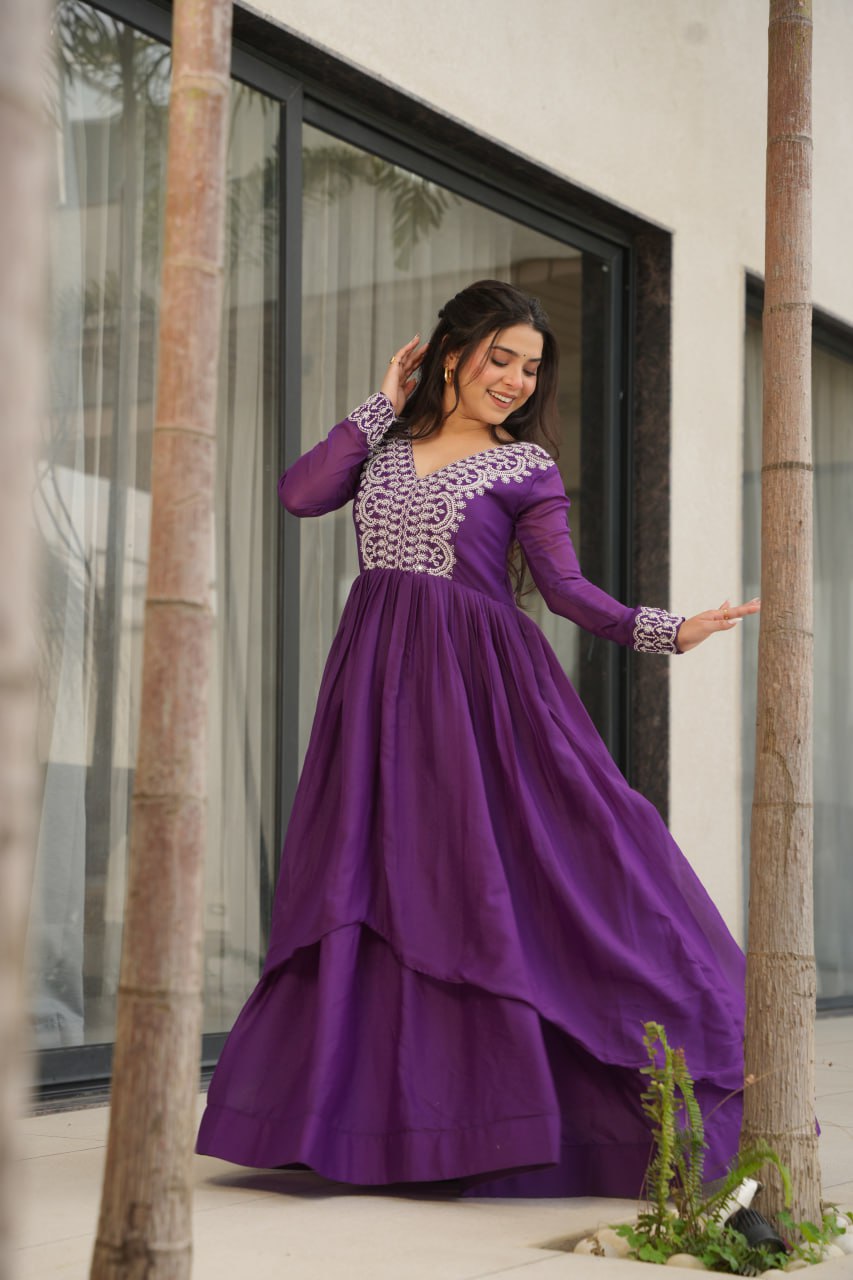 Purple Elegant Embroidered Star Georgette Gown – Double Flair & Designer V Neck