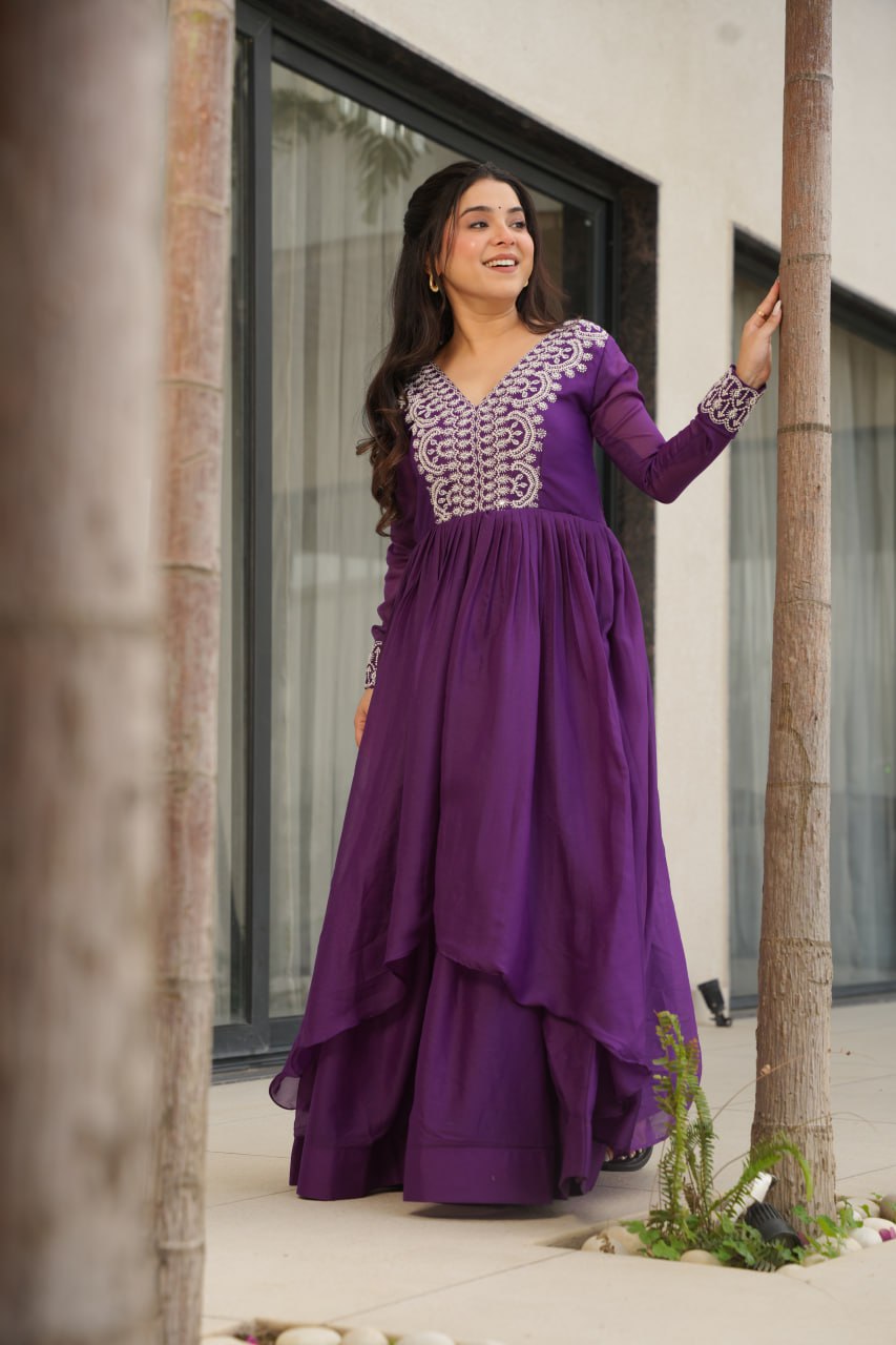 Purple Elegant Embroidered Star Georgette Gown – Double Flair & Designer V Neck