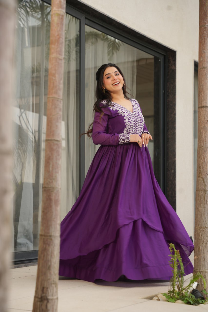 Purple Elegant Embroidered Star Georgette Gown – Double Flair & Designer V Neck