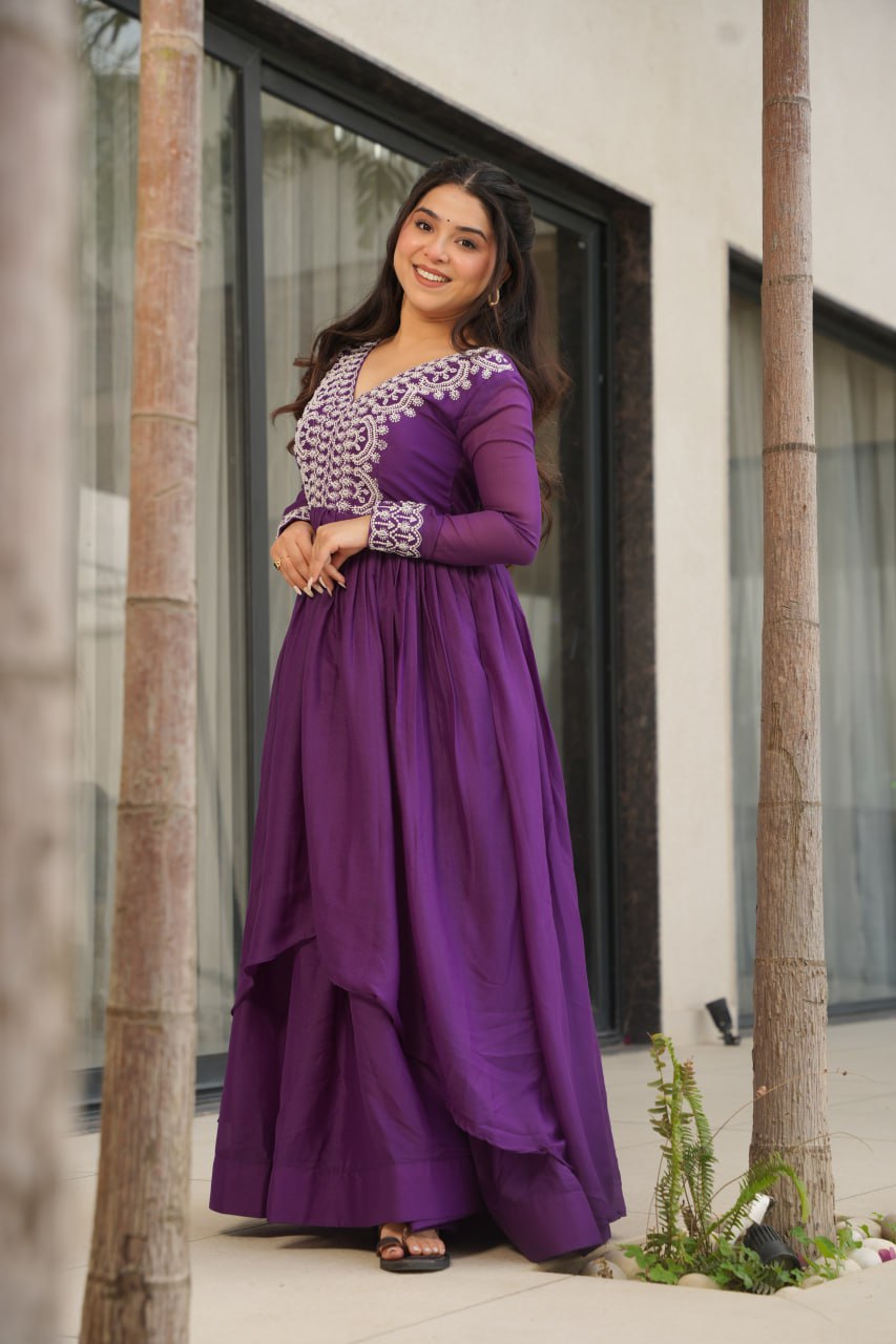 Purple Elegant Embroidered Star Georgette Gown – Double Flair & Designer V Neck