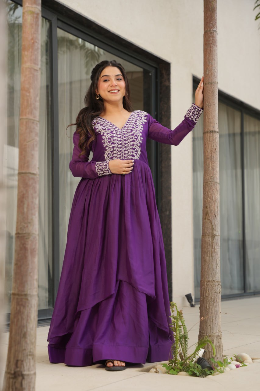 Purple Elegant Embroidered Star Georgette Gown – Double Flair & Designer V Neck