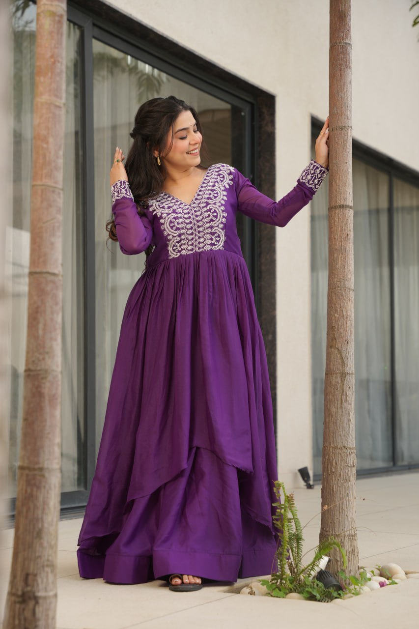 Purple Elegant Embroidered Star Georgette Gown – Double Flair & Designer V Neck