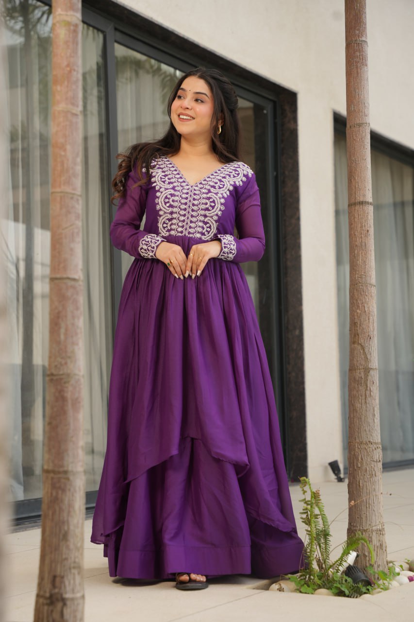 Purple Elegant Embroidered Star Georgette Gown – Double Flair & Designer V Neck