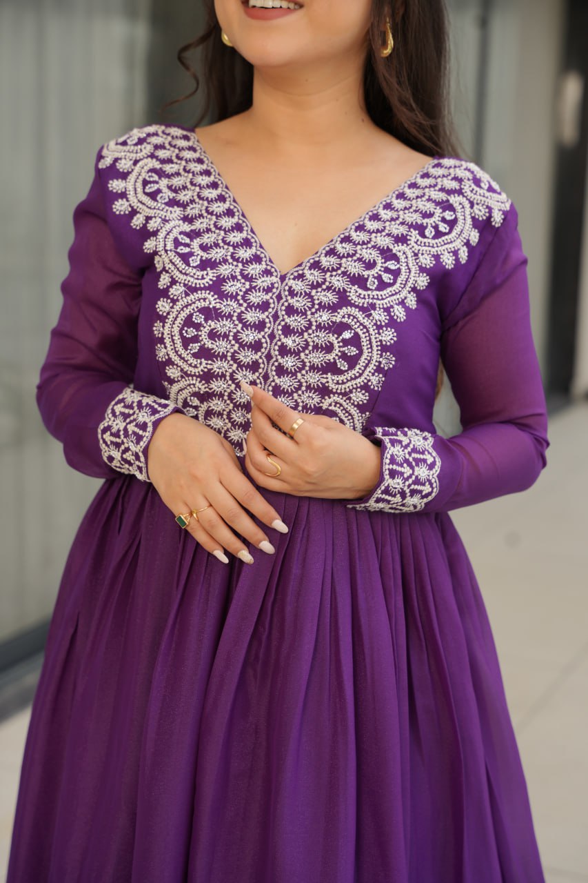 Purple Elegant Embroidered Star Georgette Gown – Double Flair & Designer V Neck