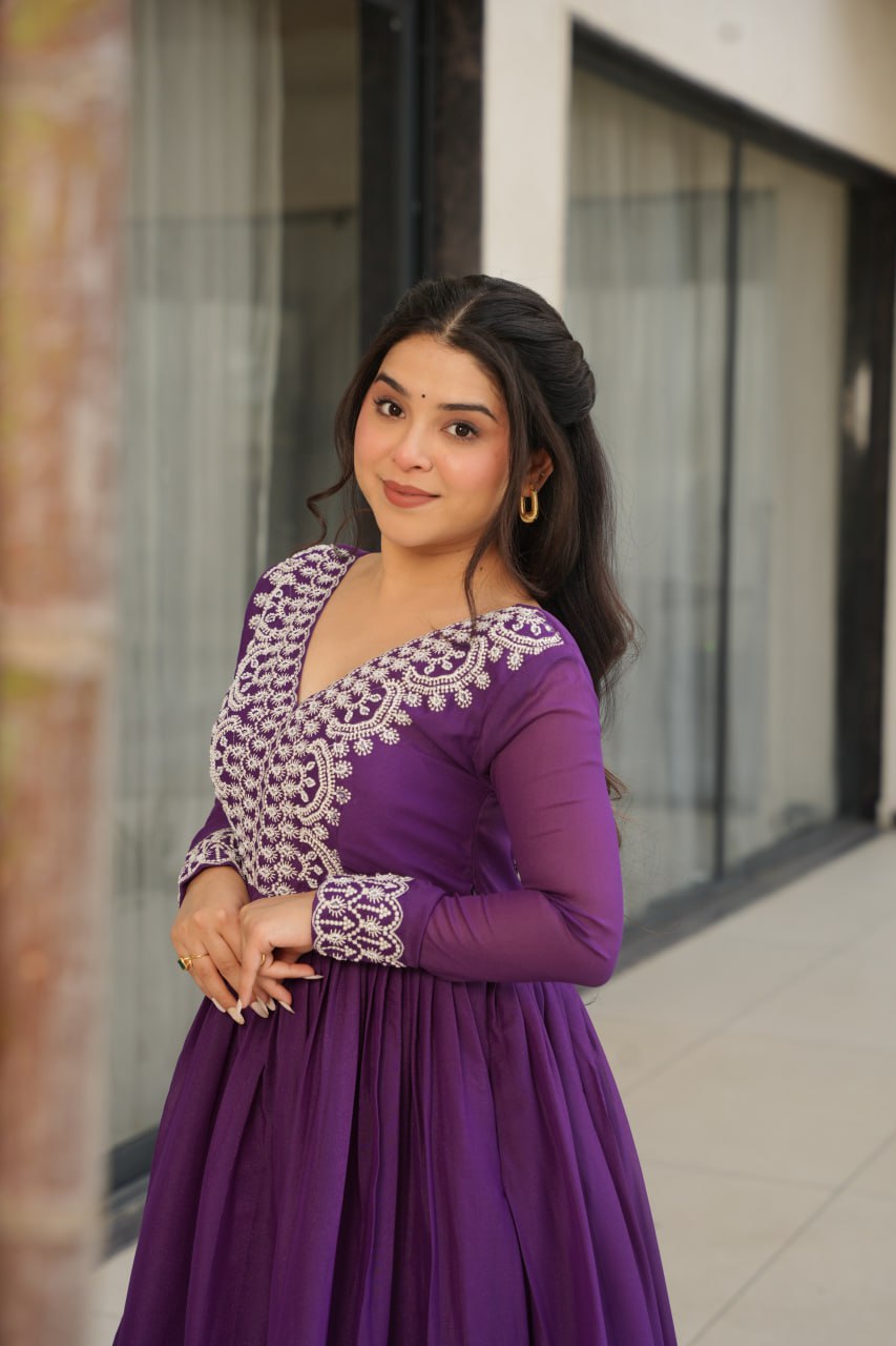 Purple Elegant Embroidered Star Georgette Gown – Double Flair & Designer V Neck