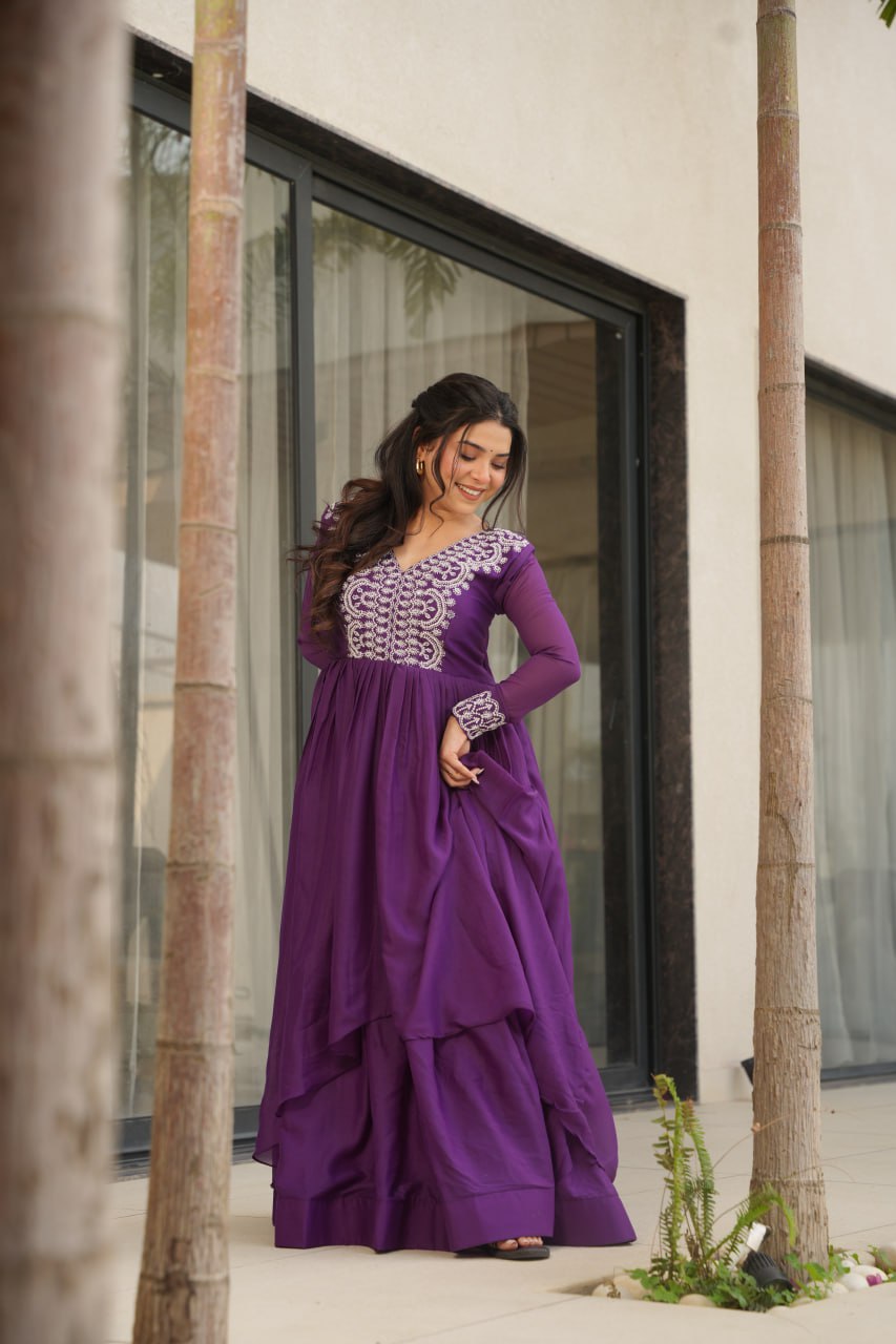 Purple Elegant Embroidered Star Georgette Gown – Double Flair & Designer V Neck