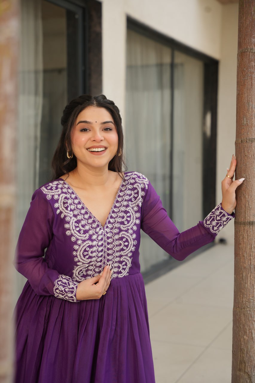 Purple Elegant Embroidered Star Georgette Gown – Double Flair & Designer V Neck