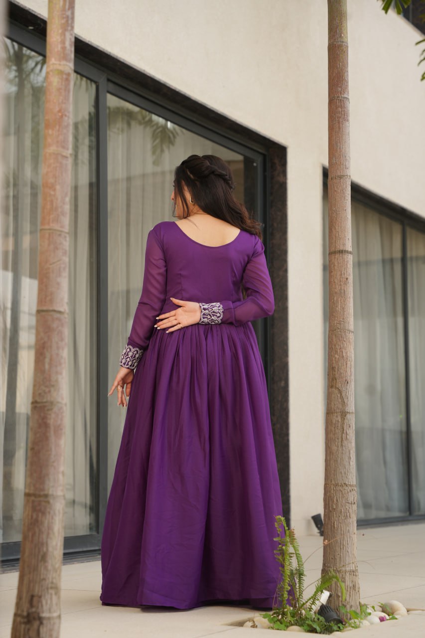 Purple Elegant Embroidered Star Georgette Gown – Double Flair & Designer V Neck