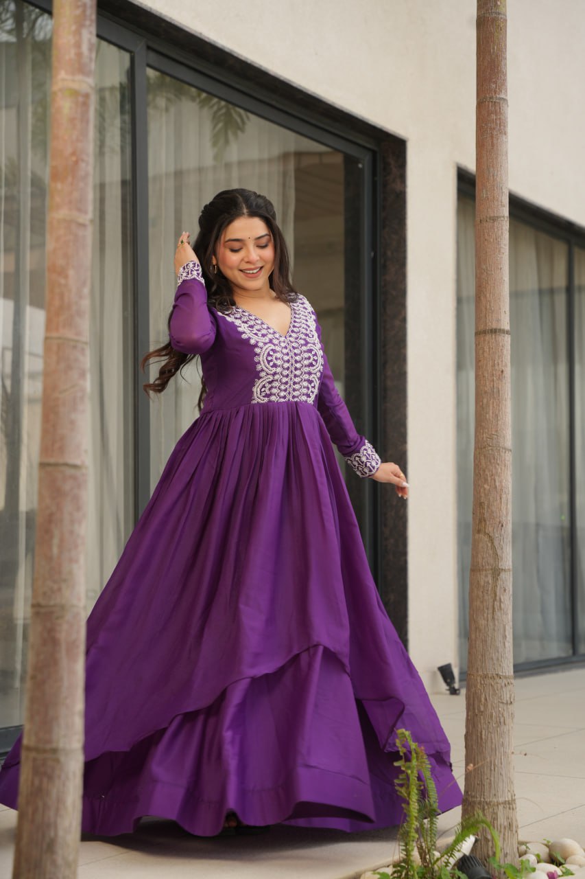 Purple Elegant Embroidered Star Georgette Gown – Double Flair & Designer V Neck