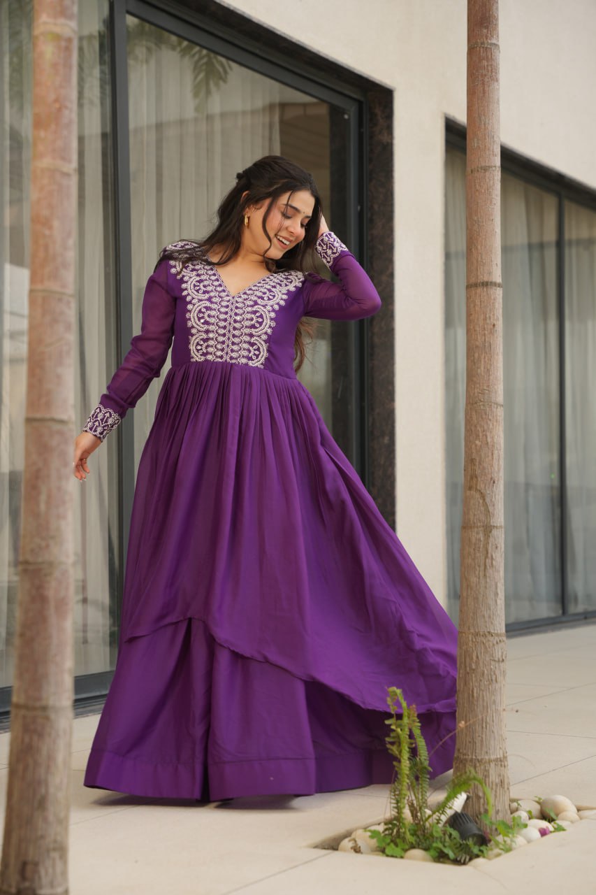 Purple Elegant Embroidered Star Georgette Gown – Double Flair & Designer V Neck