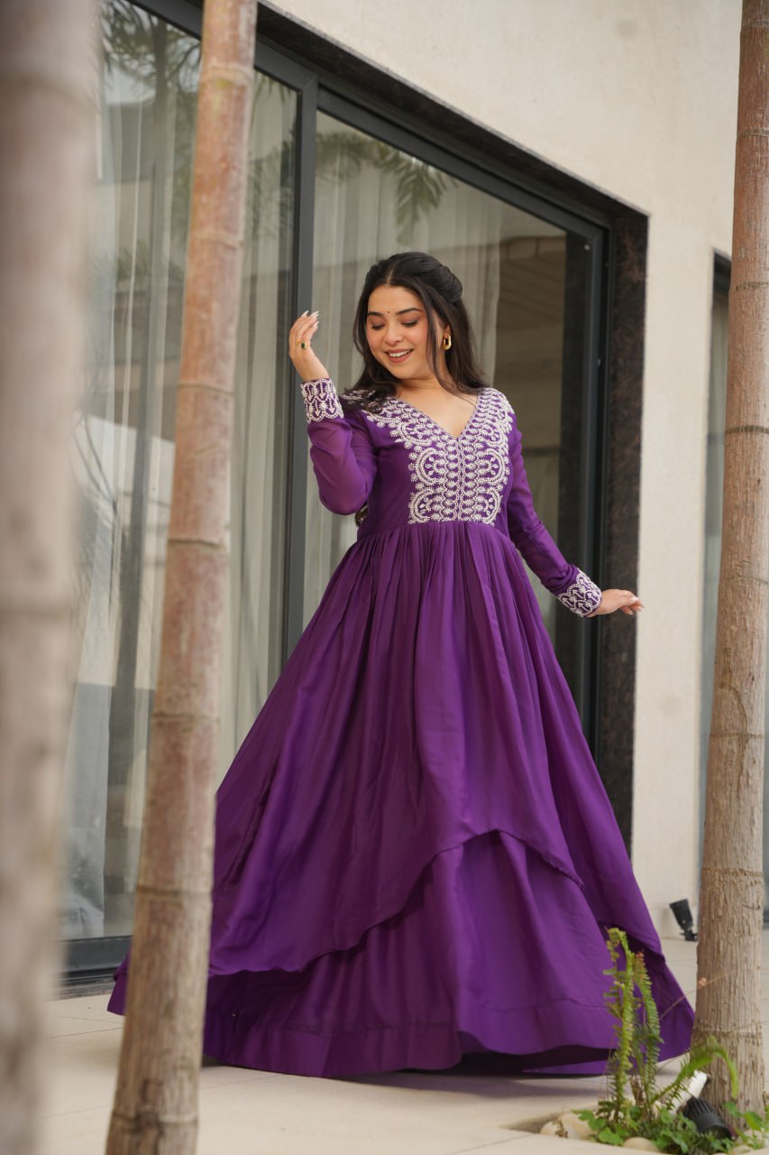 Purple Elegant Embroidered Star Georgette Gown – Double Flair & Designer V Neck