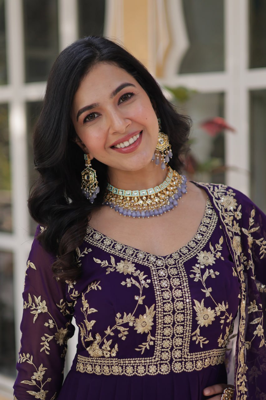 Purple Elegant Faux Blooming Embroidered Gown with Sequins & Zari Work