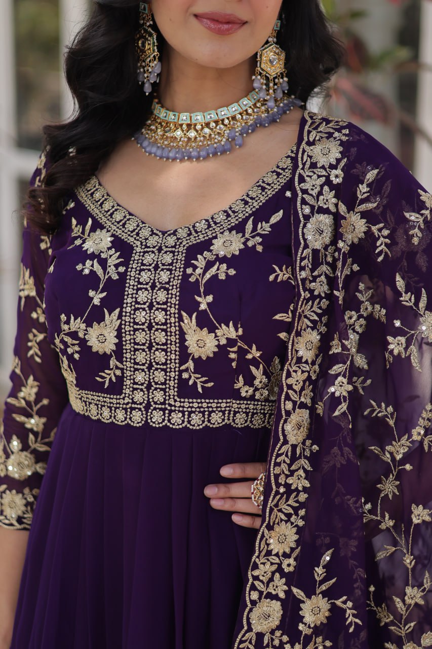 Purple Elegant Faux Blooming Embroidered Gown with Sequins & Zari Work
