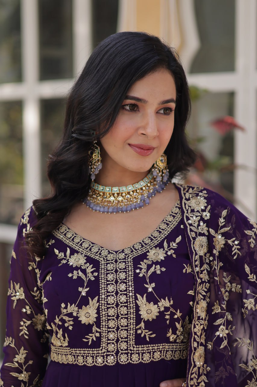 Purple Elegant Faux Blooming Embroidered Gown with Sequins & Zari Work