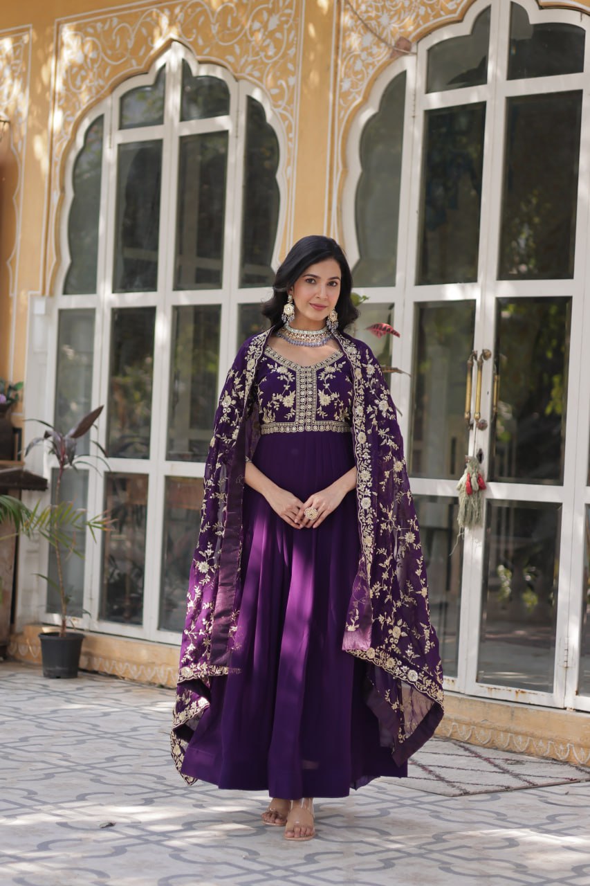 Purple Elegant Faux Blooming Embroidered Gown with Sequins & Zari Work