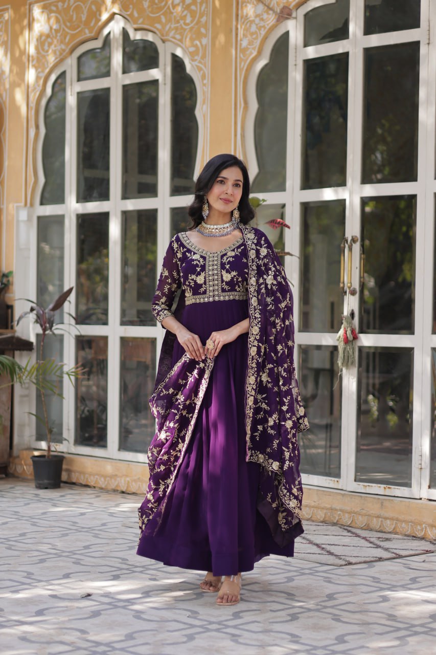 Purple Elegant Faux Blooming Embroidered Gown with Sequins & Zari Work