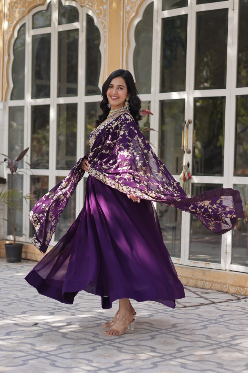Purple Elegant Faux Blooming Embroidered Gown with Sequins & Zari Work