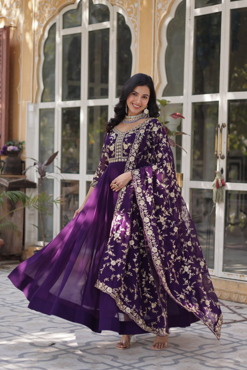 Purple Elegant Faux Blooming Embroidered Gown with Sequins & Zari Work