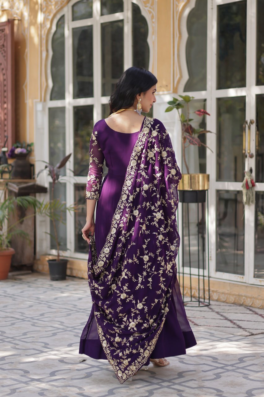Purple Elegant Faux Blooming Embroidered Gown with Sequins & Zari Work