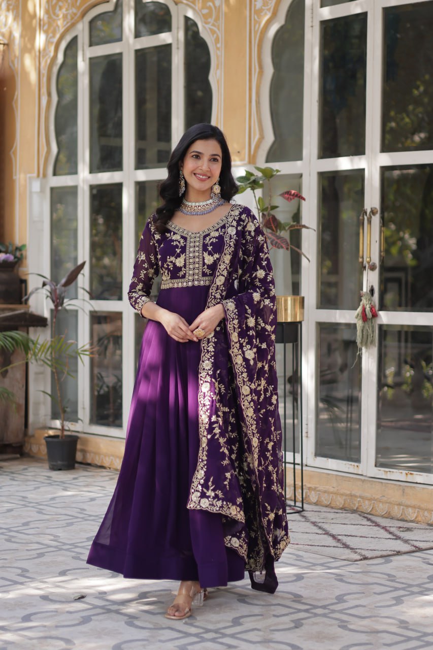 Purple Elegant Faux Blooming Embroidered Gown with Sequins & Zari Work
