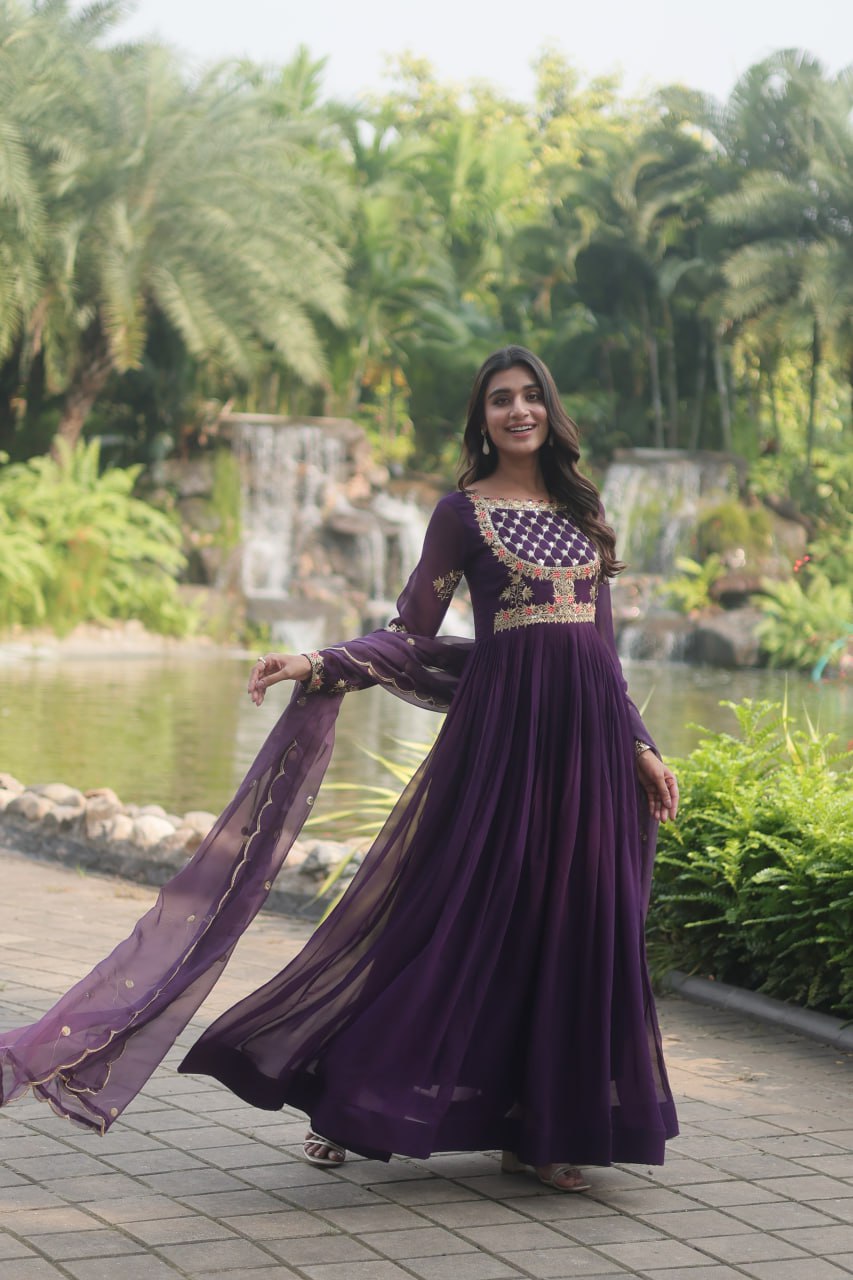 Purple Elegant Faux Blooming Gown with Embroidered Sequins Work and Russian Silk Dupatta