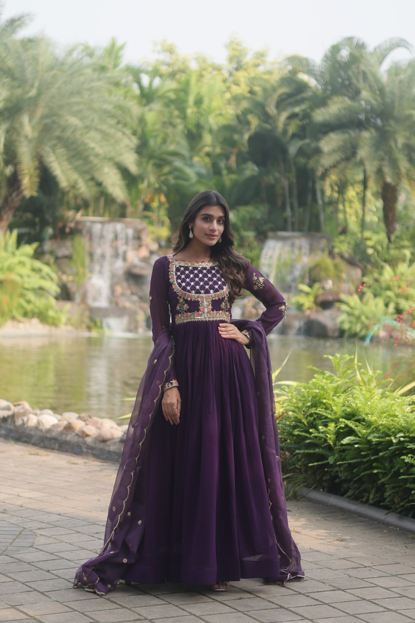 Purple Elegant Faux Blooming Gown with Embroidered Sequins Work and Russian Silk Dupatta