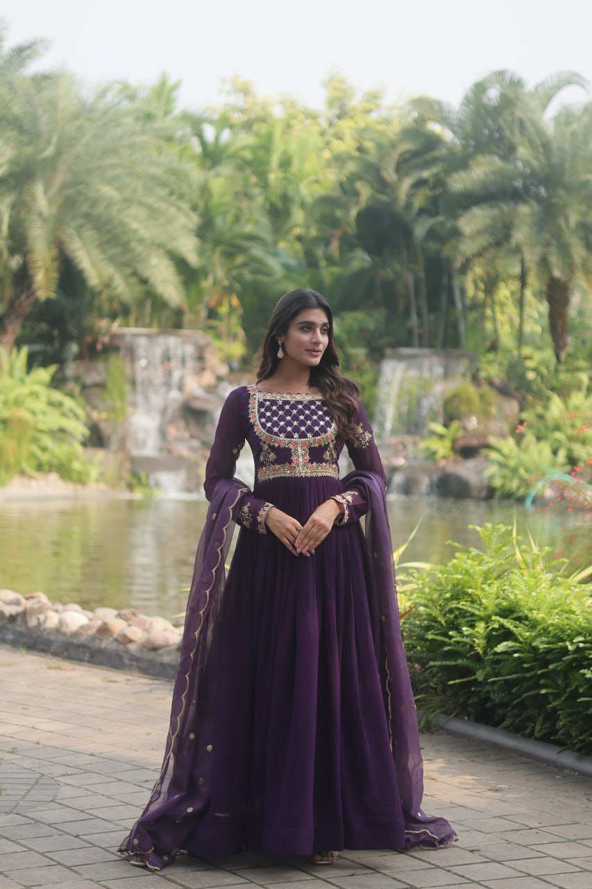 Purple Elegant Faux Blooming Gown with Embroidered Sequins Work and Russian Silk Dupatta