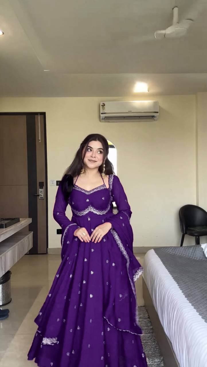 Purple Elegant Faux Georgette Anarkali Set with Thread & Sequin Work, Paired with Comfortable Pant & Lace-Detailed Dupatta