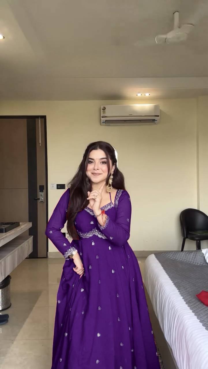 Purple Elegant Faux Georgette Anarkali Set with Thread & Sequin Work, Paired with Comfortable Pant & Lace-Detailed Dupatta